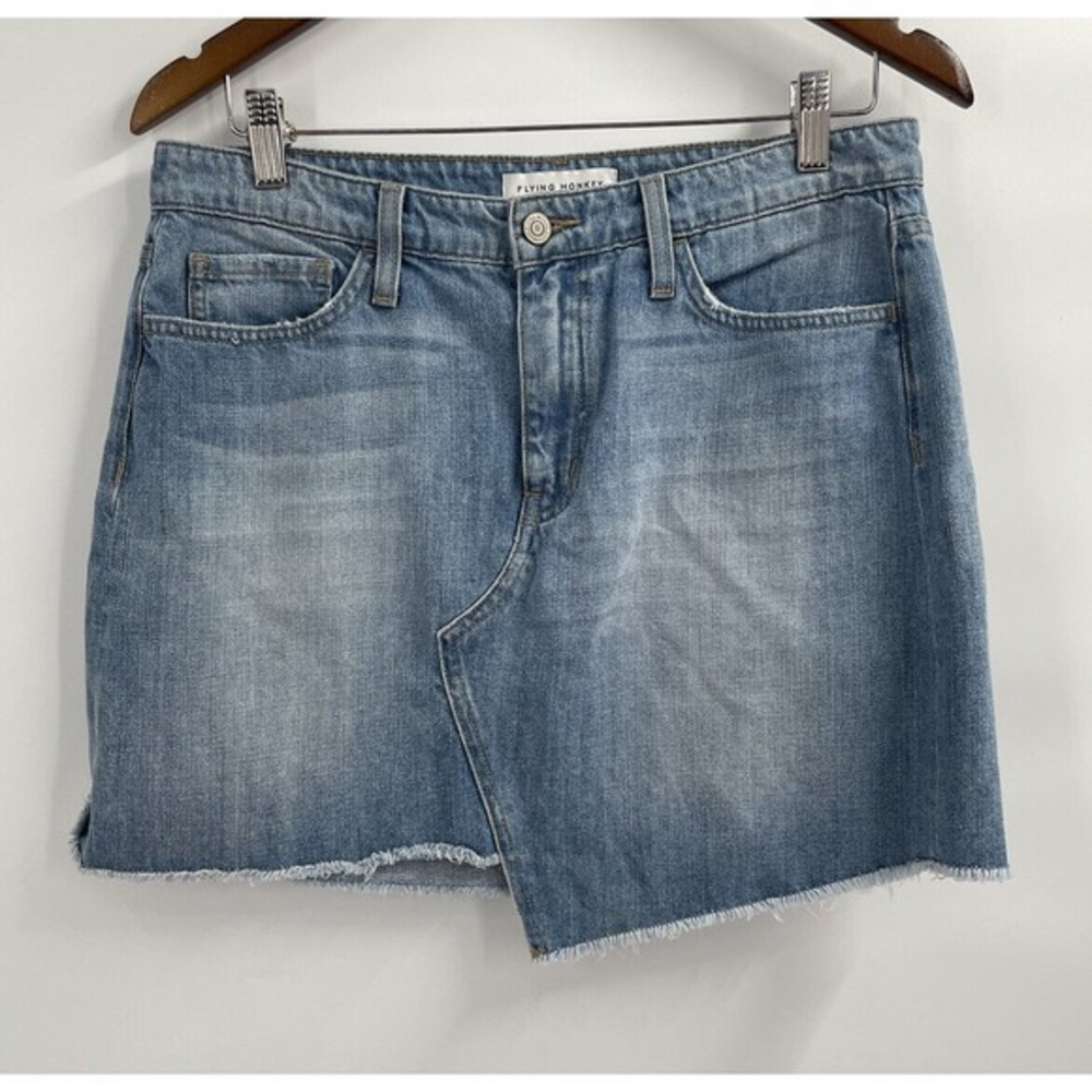 Flying Monkey 30 Denim Mini Skirt‎ Womens Blue Asymmetrical Raw Hem Y2238